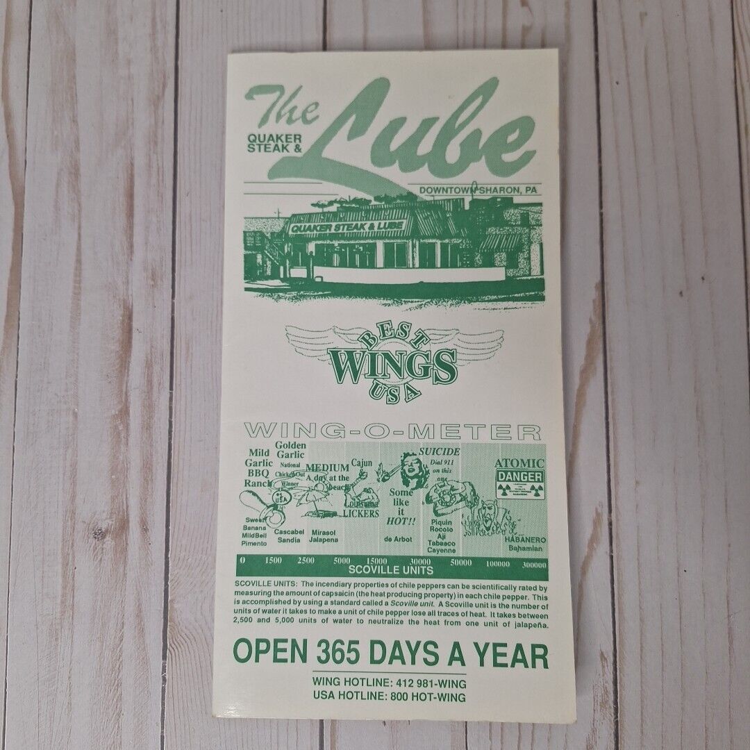 1994 Quaker Steak & Lube Restaurant Menu Downtown Sharon Pennsylvania