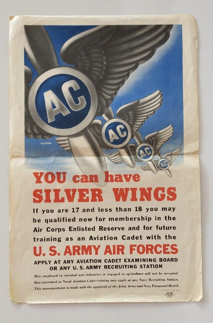 ORIGINAL VINTAGE WWII SILVER WINGS US MILITARY AIR FORCE RECRUITMENT POSTER
