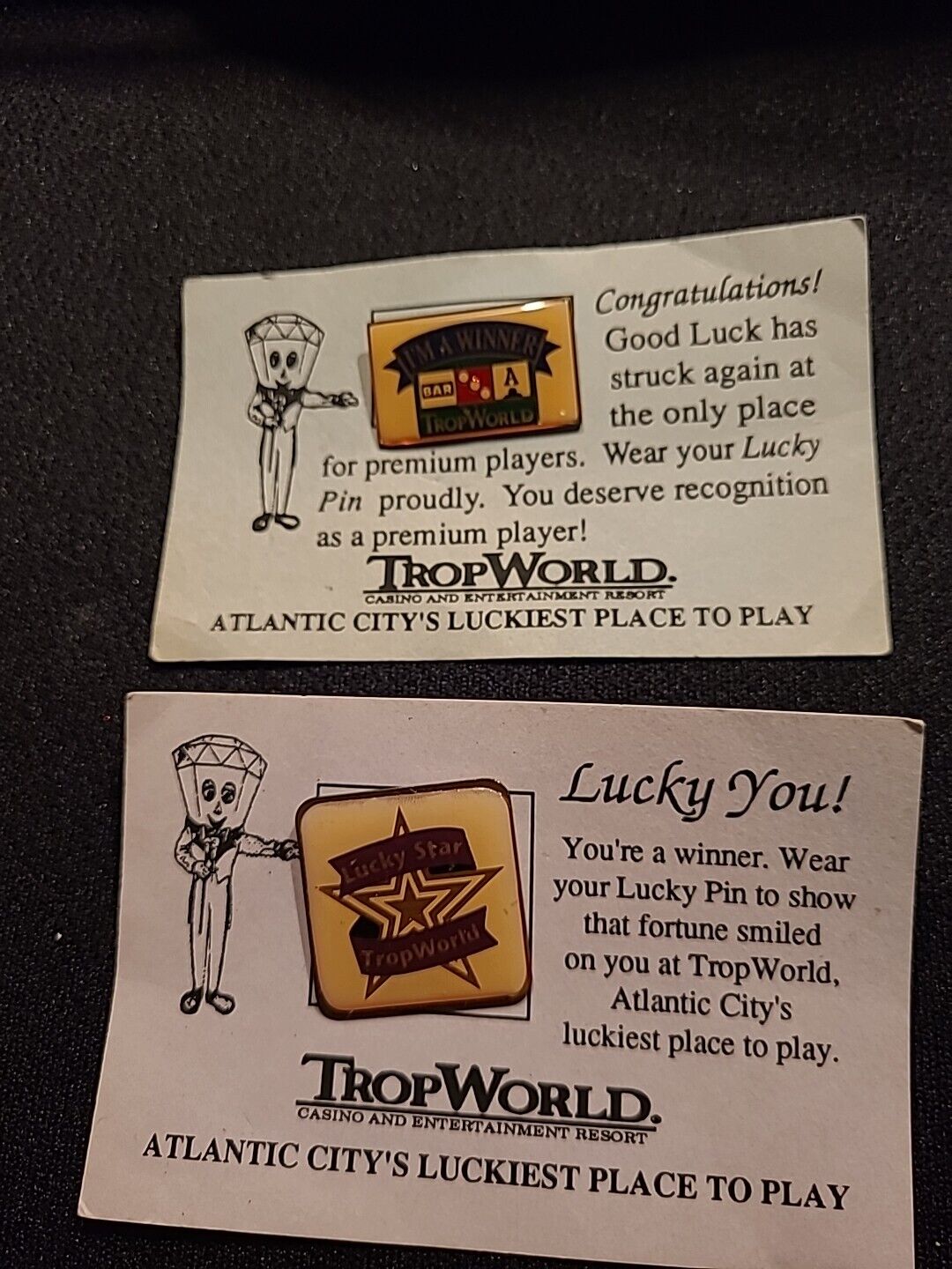 I\'m A Winner & Lucky Star TropWorld Lapel Pin Atlantic City New Jersey Casino
