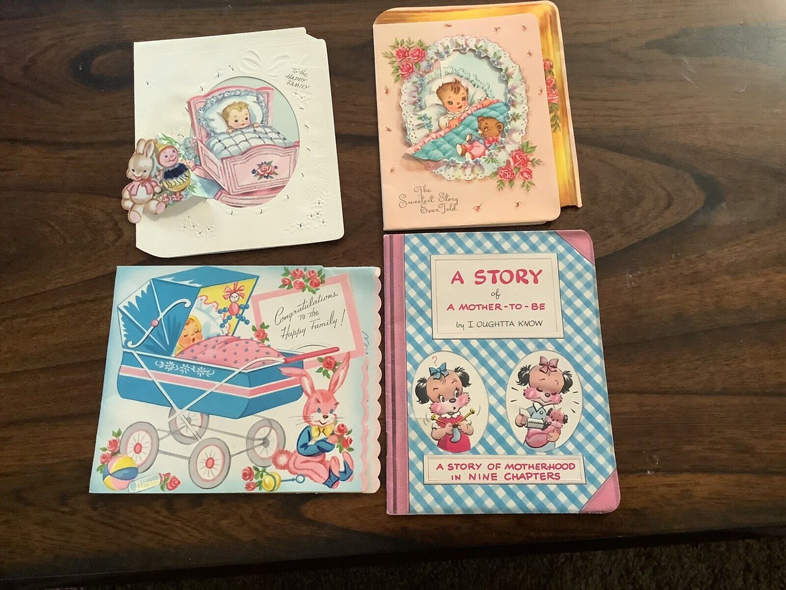 THREE VINTAGE POP OPEN WELCOME BABY CARDS And STORY OF MOTHER TO BE
