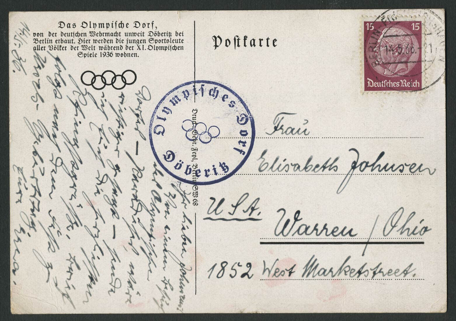 1936 Germany Olympics OLYMPISCHES DORF Official Postcard Mailed May 14th to USA