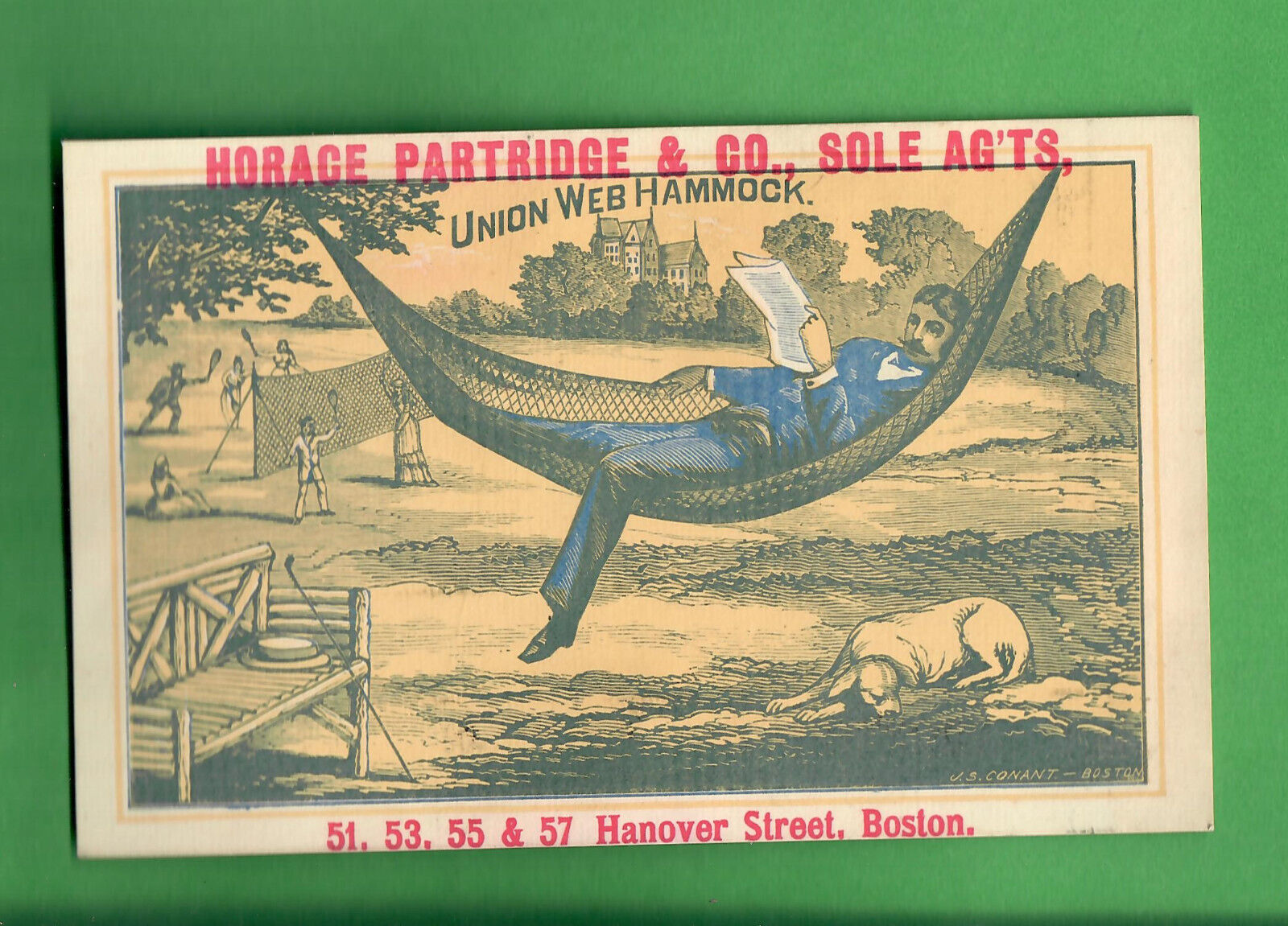 c. 1890 VICTORIAN TRADE CARD - HORACE PARTRIDGE - UNION WEB HAMMOCK - BOSTON 4X6