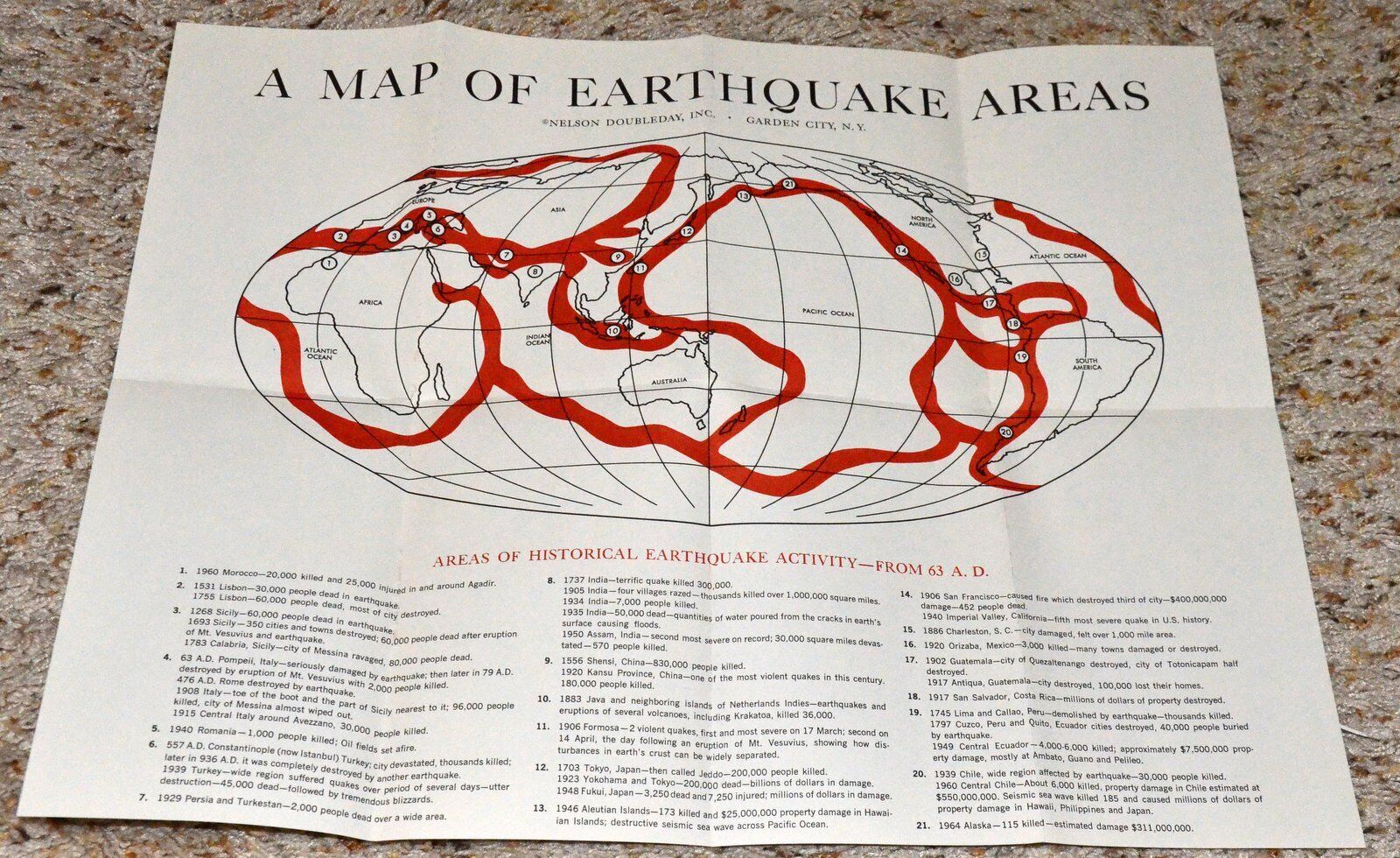 WORLD EARTHQUAKE AREAS 1965 MINT NEVER USED MAP & CHRONOLOGY AD 63 to 1964