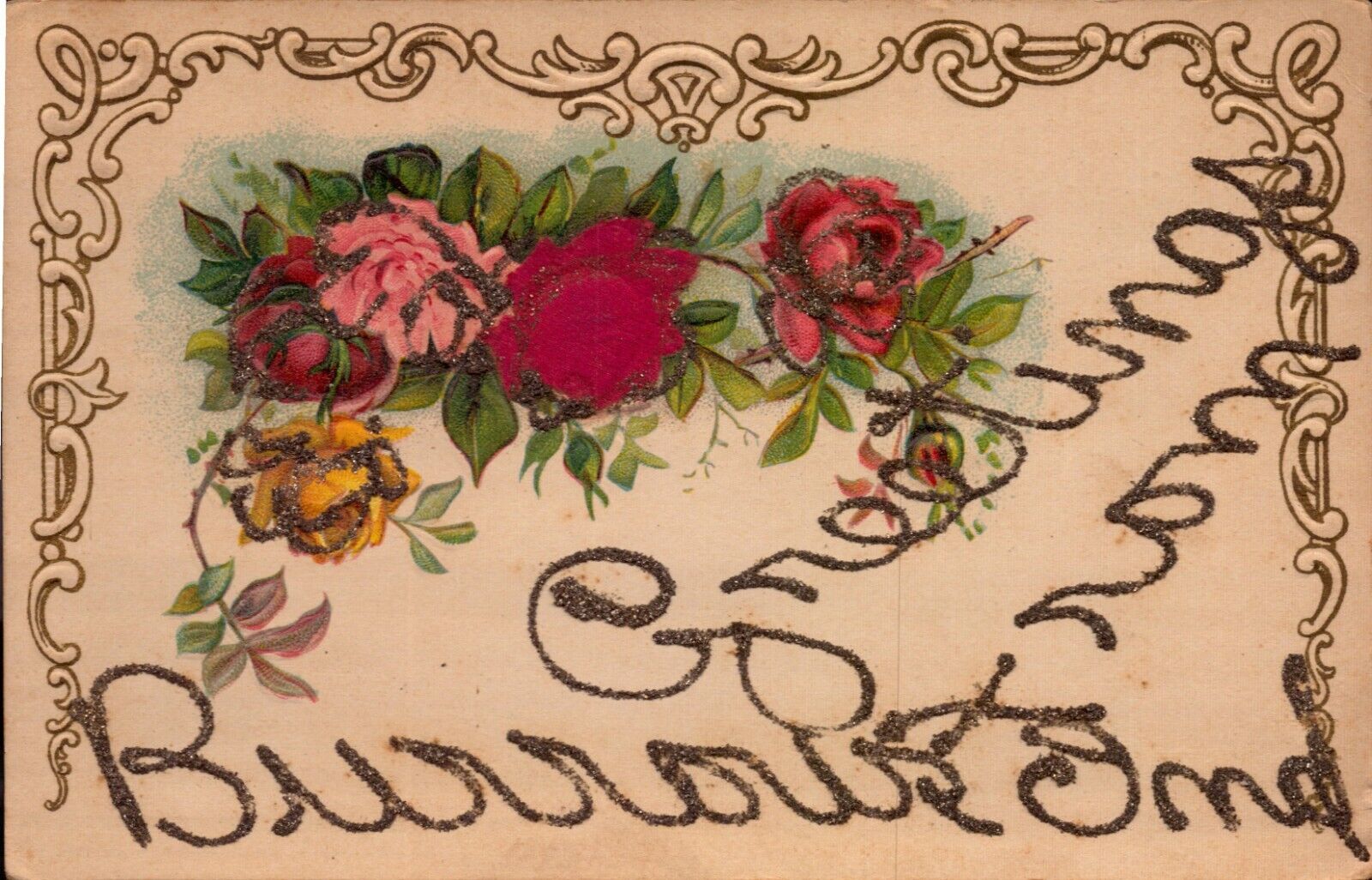 Vintage Postcard 1907 Greetings embossed with Glitter Made in Germany flowers