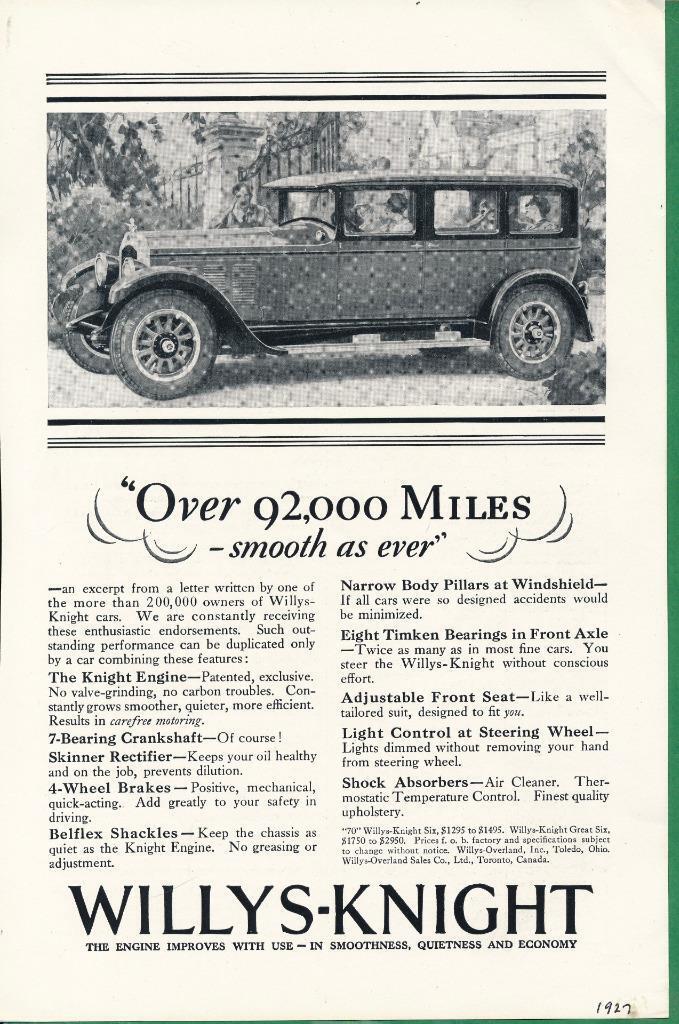 Magazine Ad - 1927 - Willys-Kinght Motor Cars