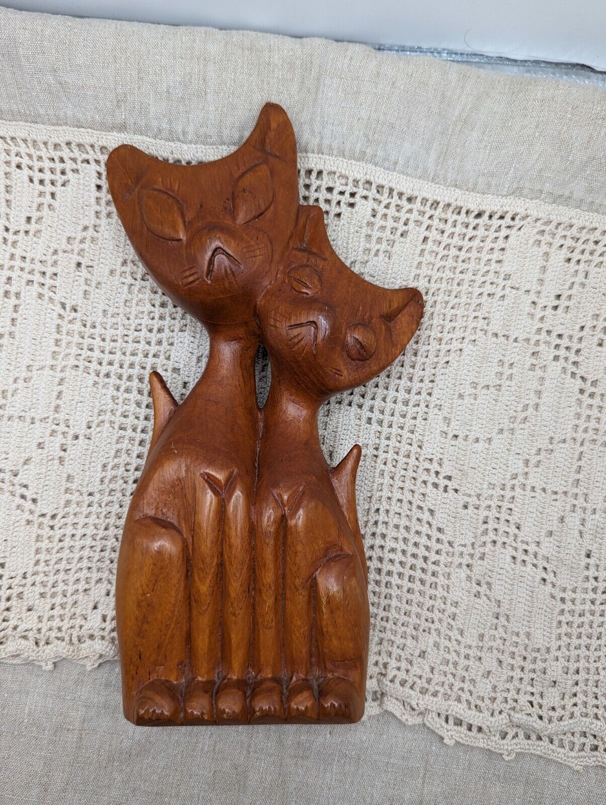 MCM~Thai Treasures Atomic Siamese Hand Carved Teak Cats W/Tails~Vintage 