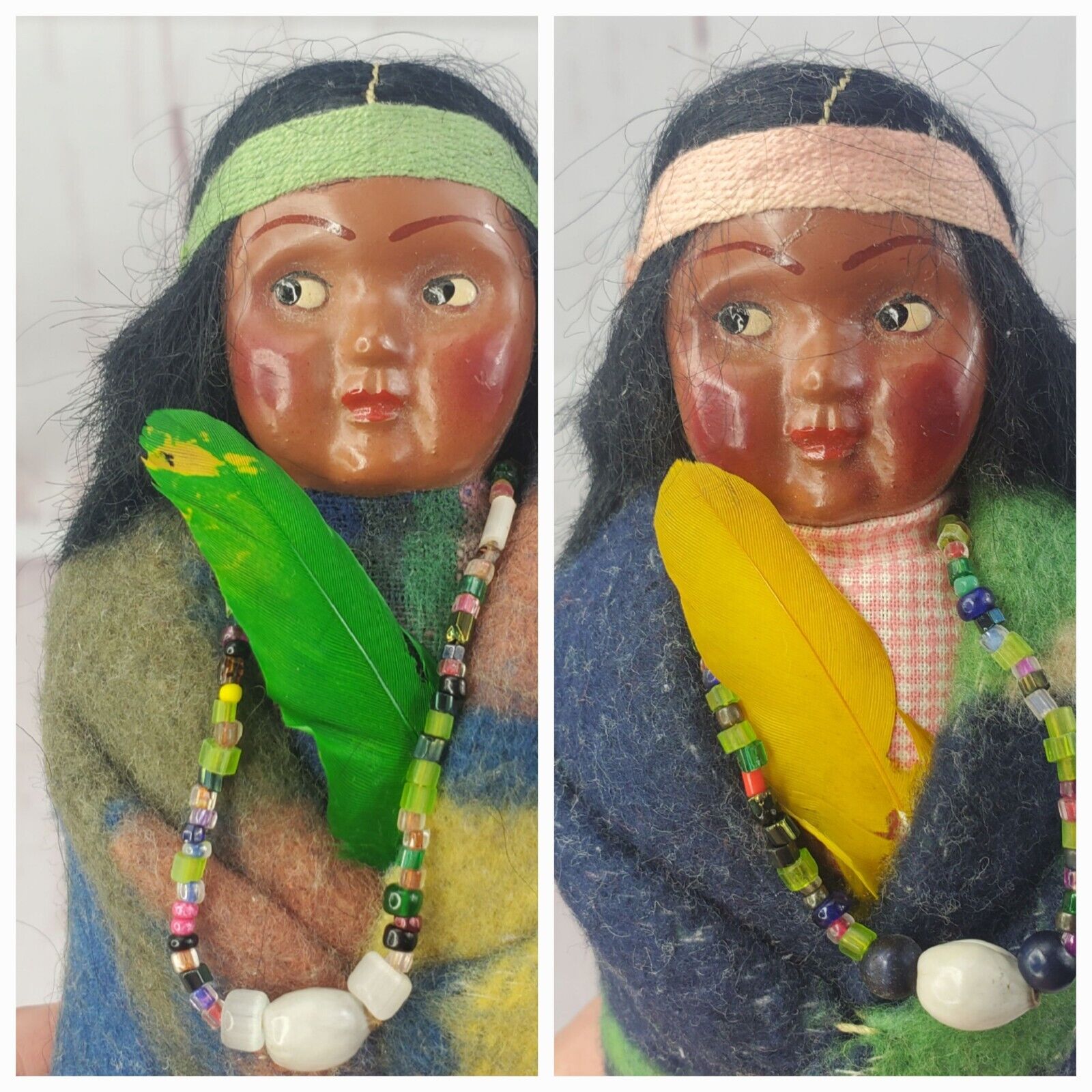 1940s Skookum Bully Good Native American Indian Dolls, Side Glance, 6.5 in Vtg