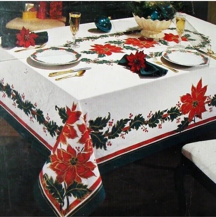 Bardwil Linens Golden Poinsettia Tablecloth Rectangle 52” x 70” Christmas NEW