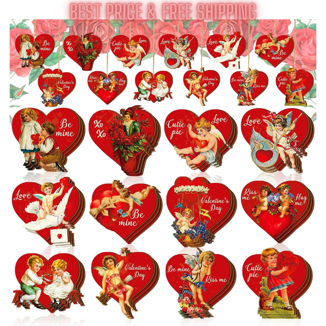 Anglechic 36 Pcs Vintage Valentine Ornaments Wooden Tree Ornaments Angel Heart L