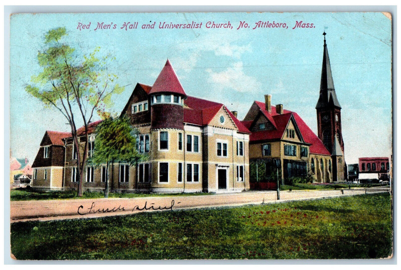 c1910 Red Men's Hall and Universalist Church No. Attleboro MA Posted Postcard