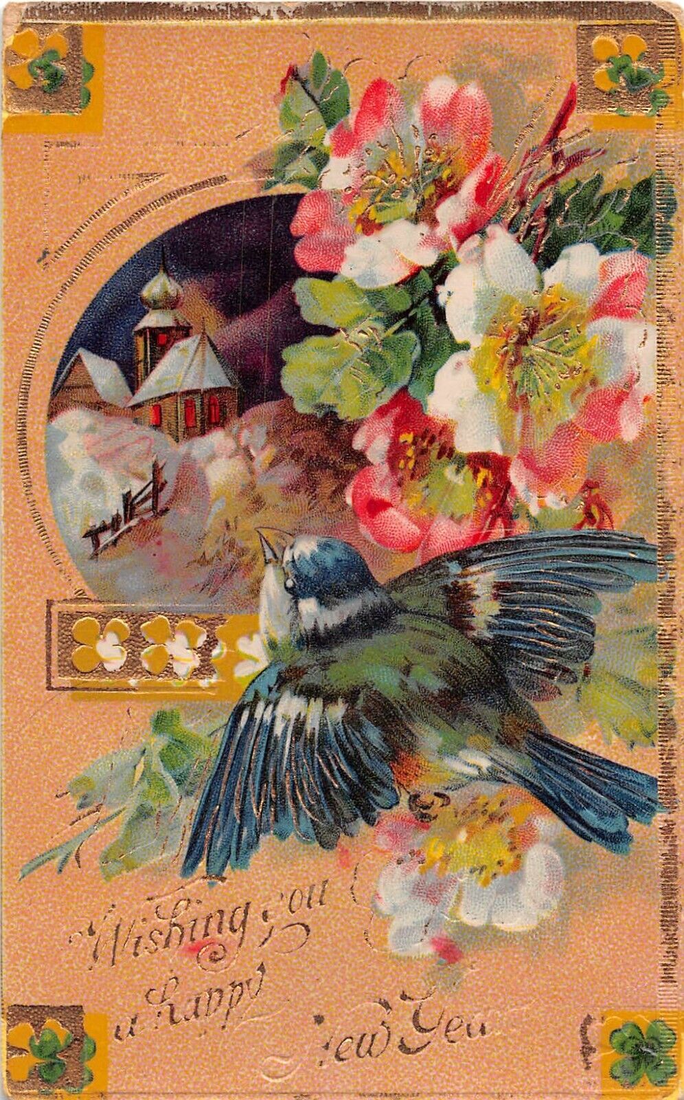 1910 Gilded Gelatin New Year PC of a Bluebird & Wild Roses by Snowy Church Scene