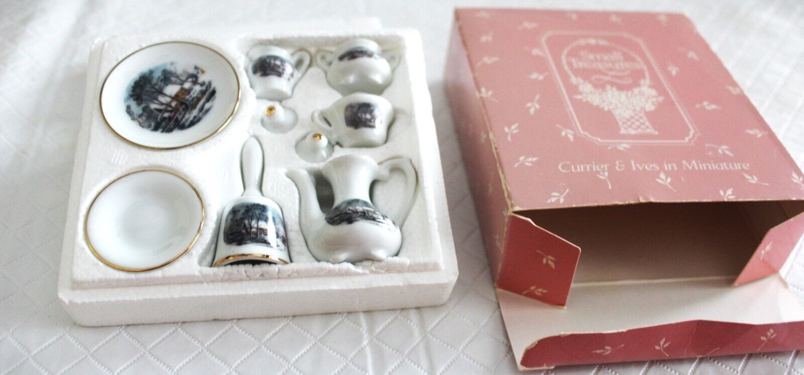 AVON Small Treasures Mini Porcelain Tea Set Currier/ Ives  -NEW - reduced