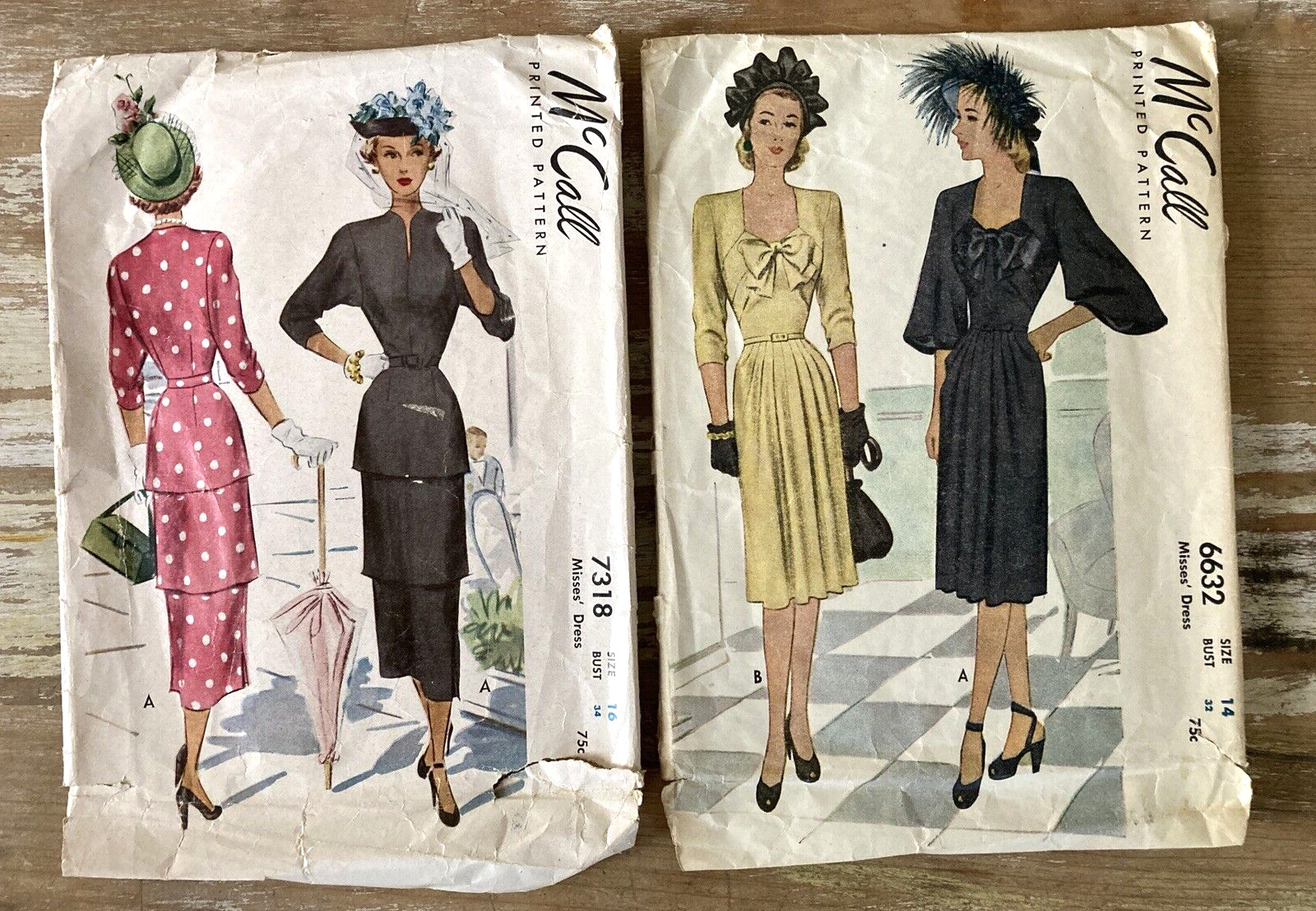 Vintage sewing patterns McCall 6632 7318 misses women\'s dresses sz 14/16 1940s