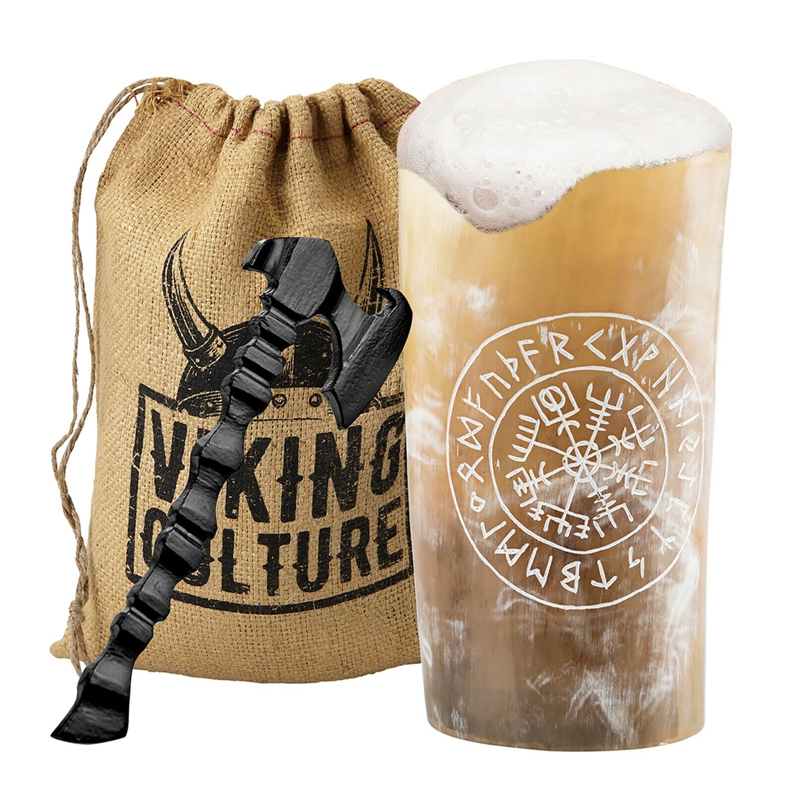 Viking Culture Horn Mead Cup with Axe Bottle Opener and Burlap Bag - Vegvisir 