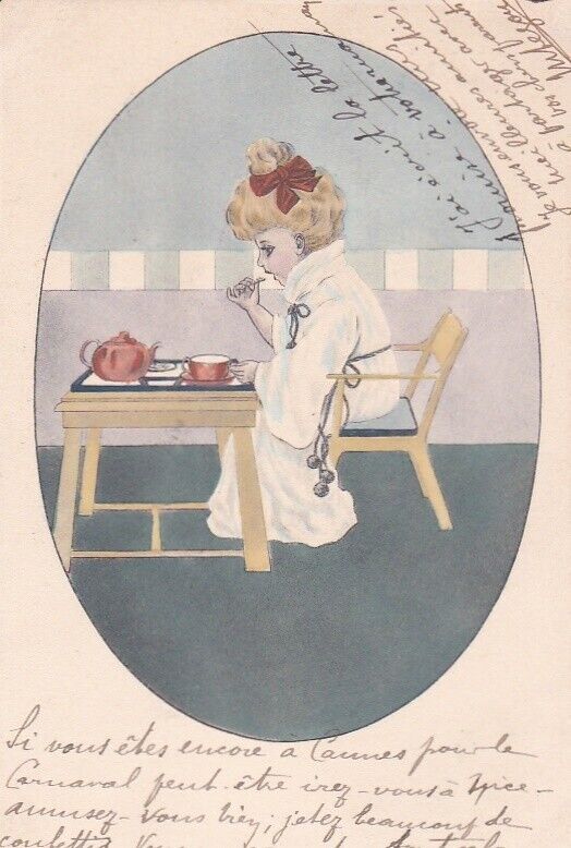 CPA Fantasy ART NOUVEAU Girl Having Breakfast. GIRL BREAKFAST 1911