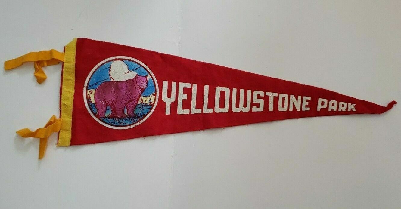 Vintage red felt Yellowstone National Park Bear travel souvenir banner pennant
