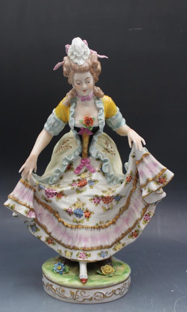 Antique German Dresden Porcelain Figurine of a Woman w/ Fancy Dress 11.25\
