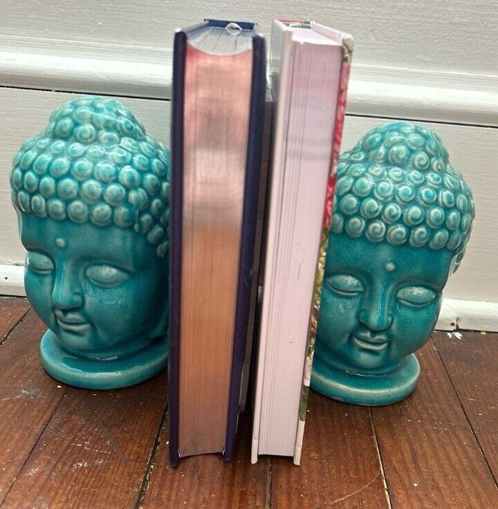 Set of 2 Vintage Blue Ceramic Buddha Head Bookends