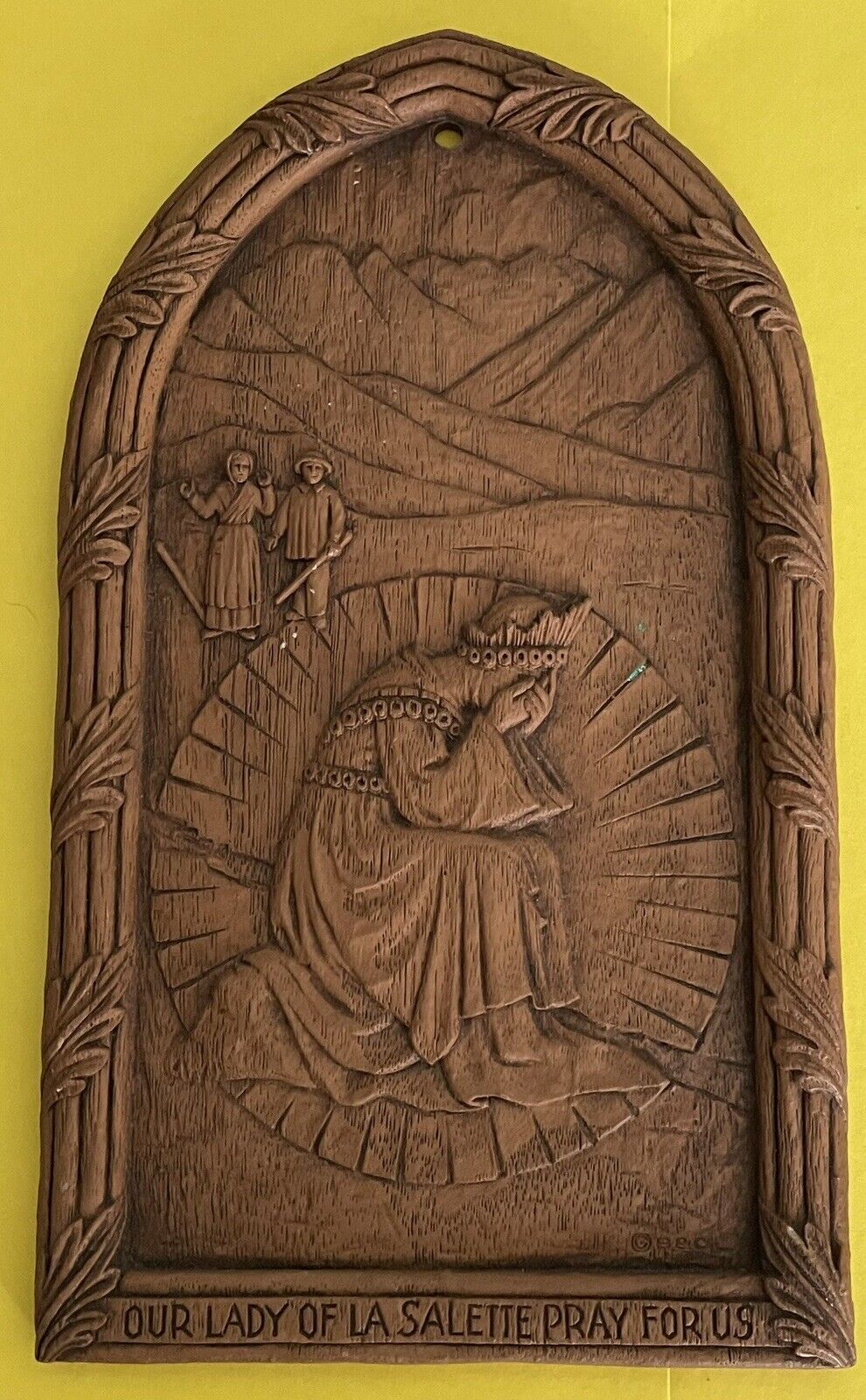 Barwood Plaque Of The Kneeling Weeping Figure Of Our Lady w/2 Children Watching