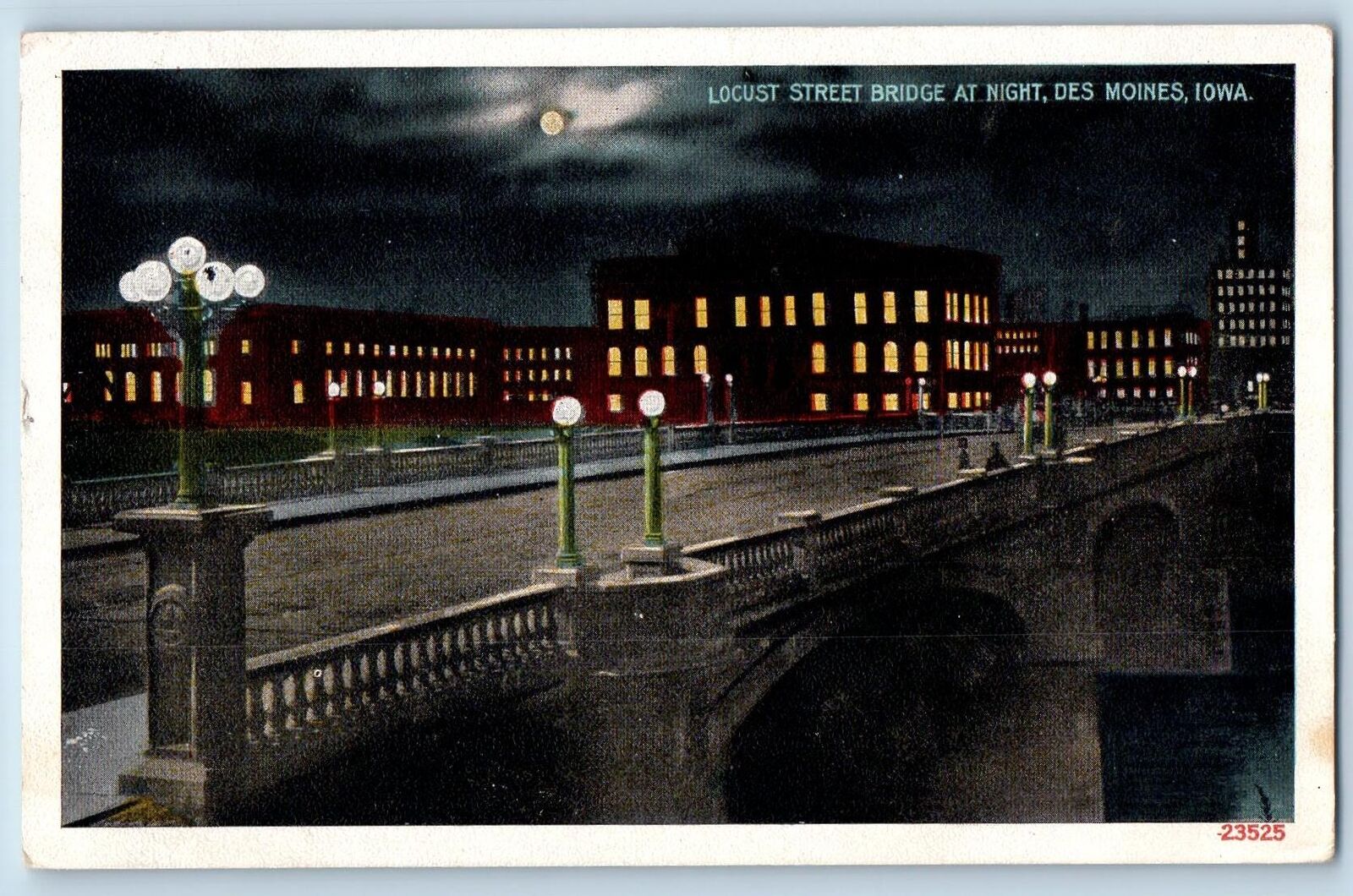 Des Moines Iowa IA Postcard Locust Street Bridge At Night Moon View 1917 Antique