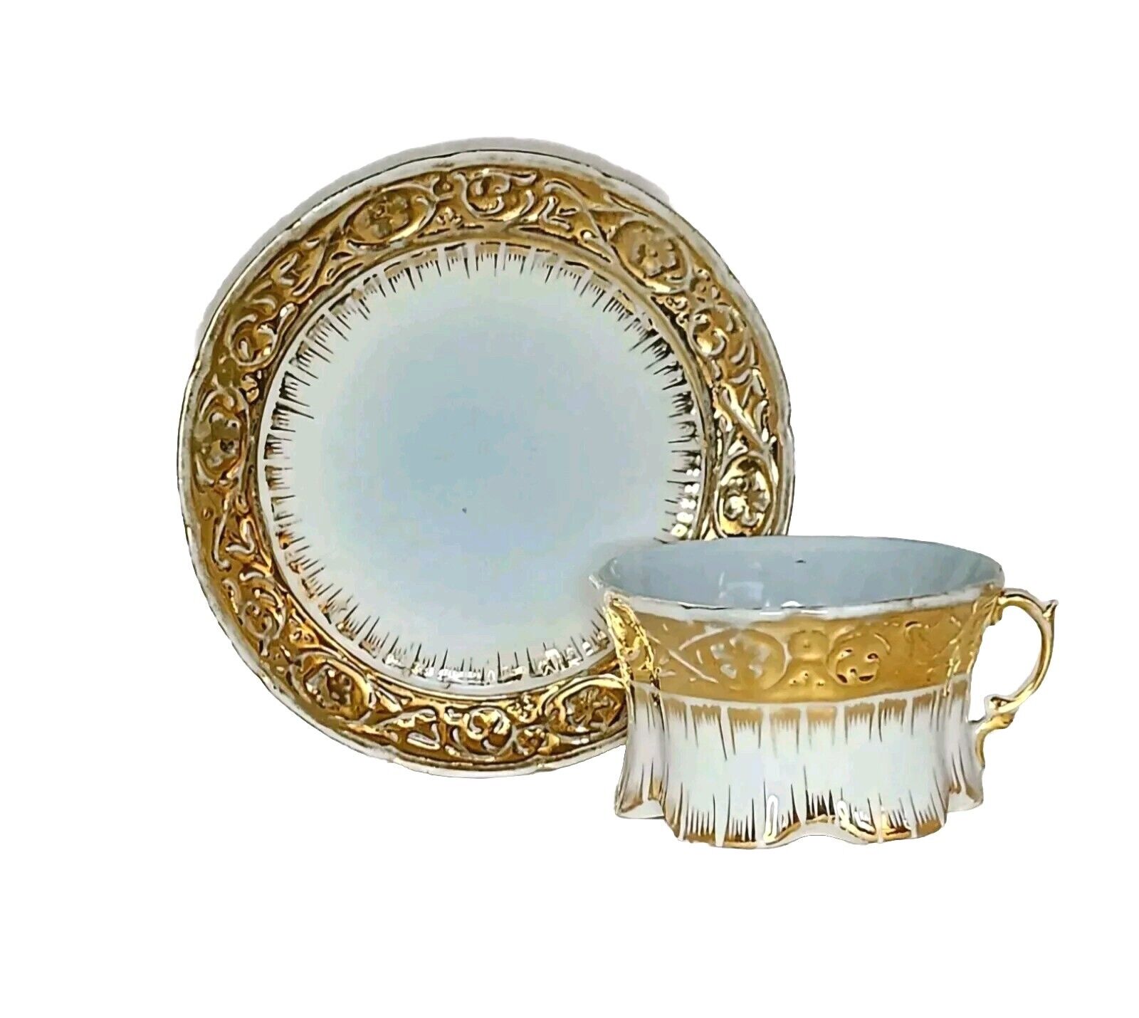 Antique Victorian Collectible Gold Gilded Blue Hue Porcelain Cup and Saucer