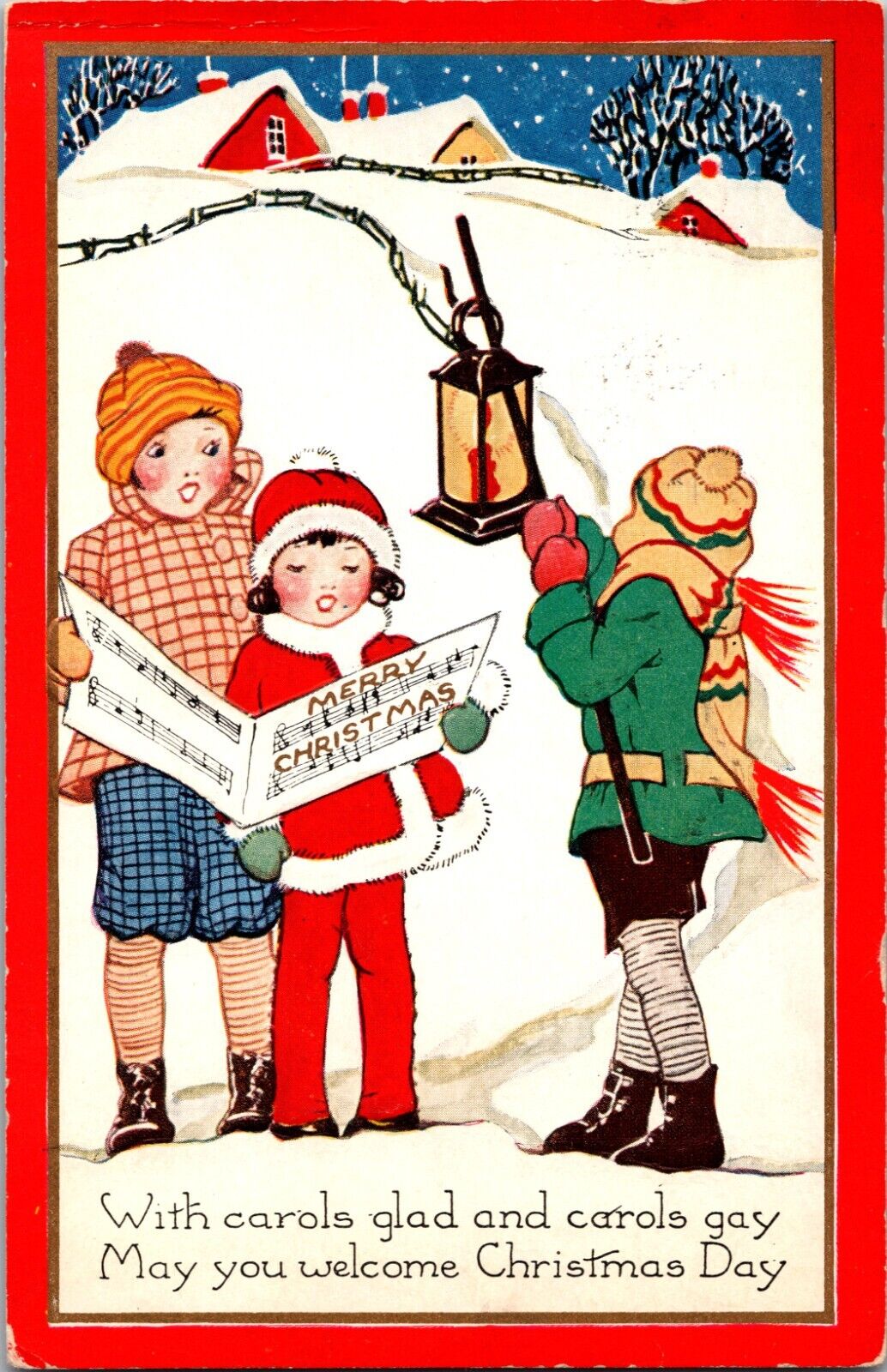 Whitney Christmas Postcard Vintage Cute Children Sing Carol Candle Lantern Farm