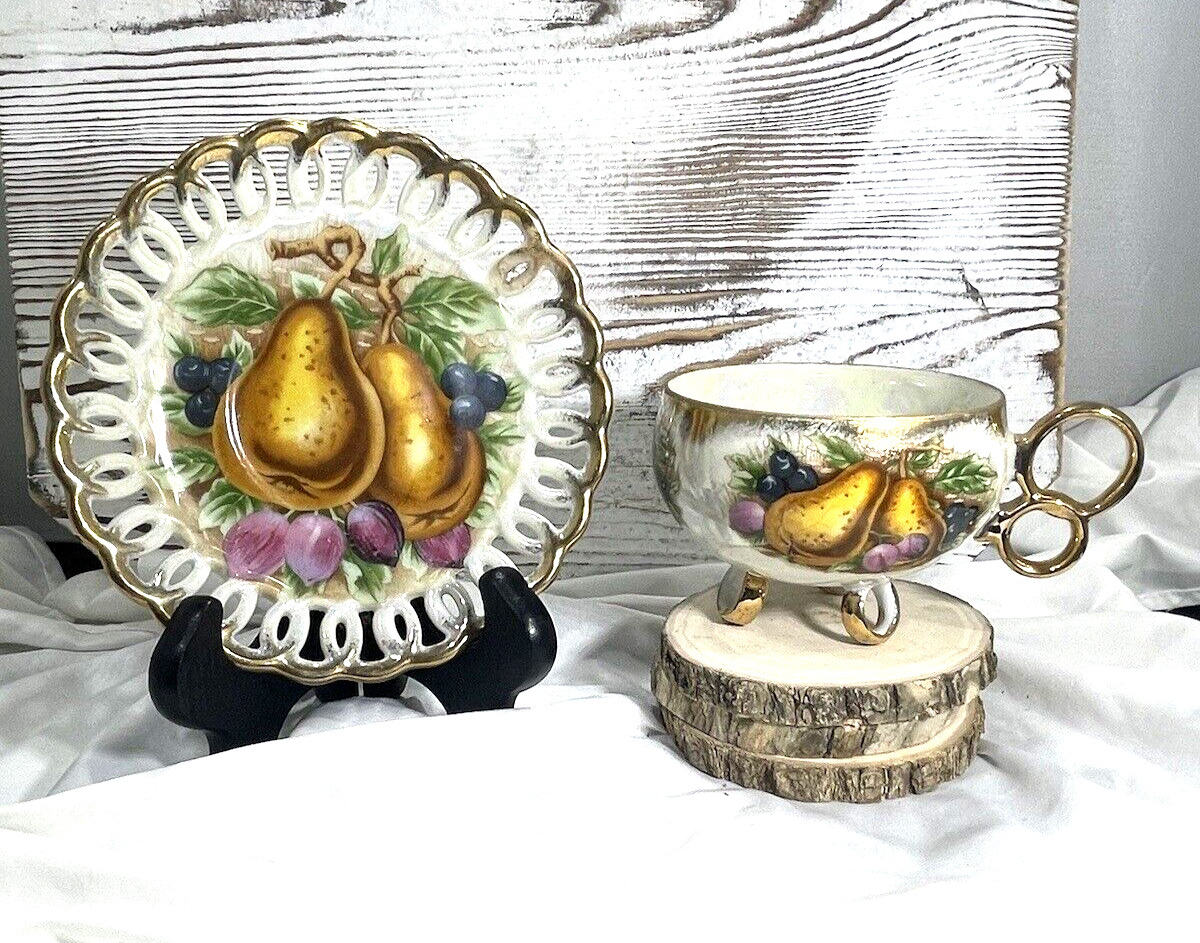 Vintage Japan Royal Sealy Three (3) Footed Dual Pears & Grapes Cup & Saucer