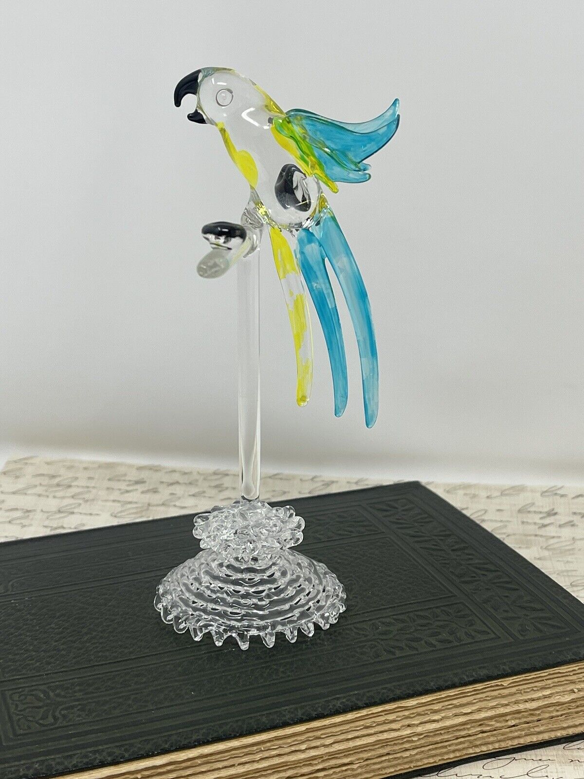 Vintage Spun Glass Art Glass Parrot Birds Figurine on Stand 6\