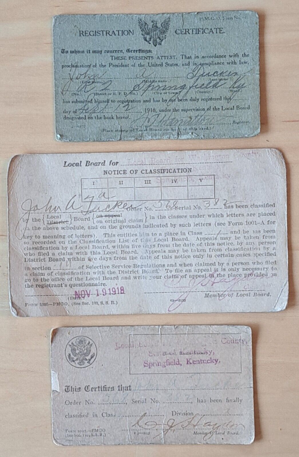 1918 WWI Military Registration Certificate & Notice of Classification Cards