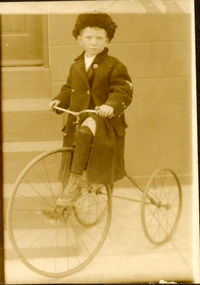 Antique Matted Photo Boy Riding Tricycle Bike Coat Hat BW C1900 Philadelphia PA