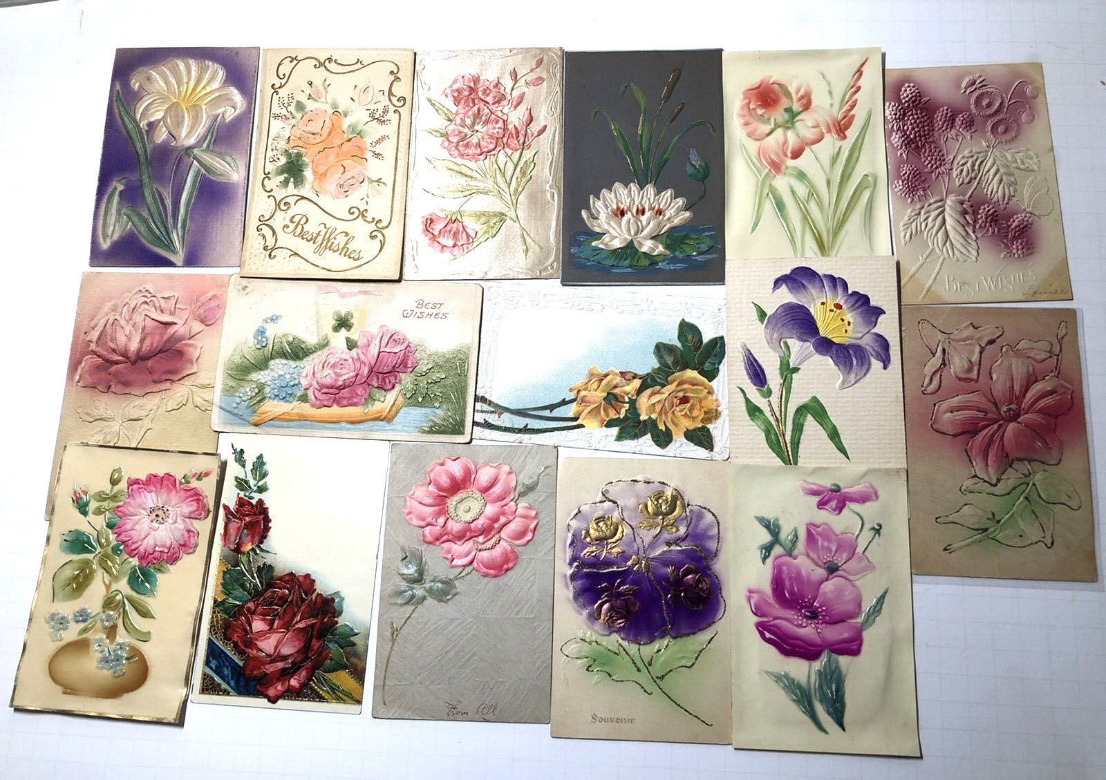 Lot of 15 Floral Embossed Postcards  - c1907-1911- Silk embroidered, High Relief