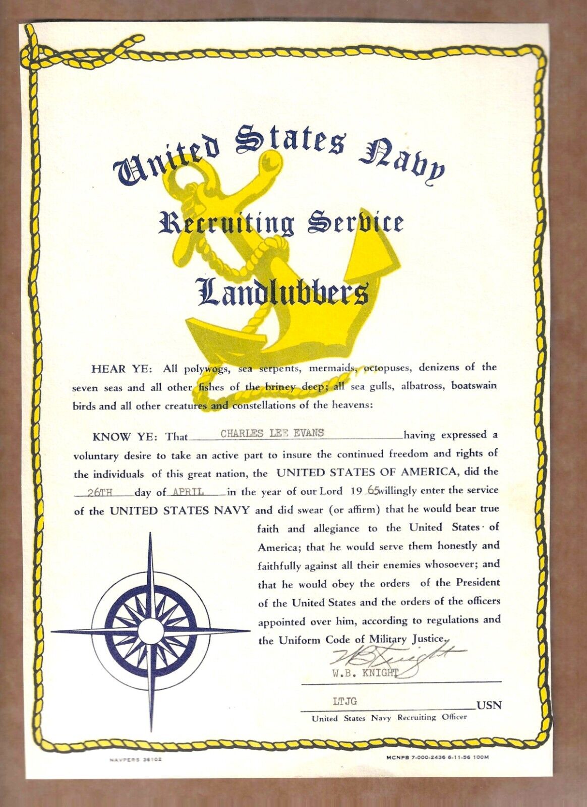 United States Navy Recruiting Service Landlubbers Certificate, 1965, Acceptance