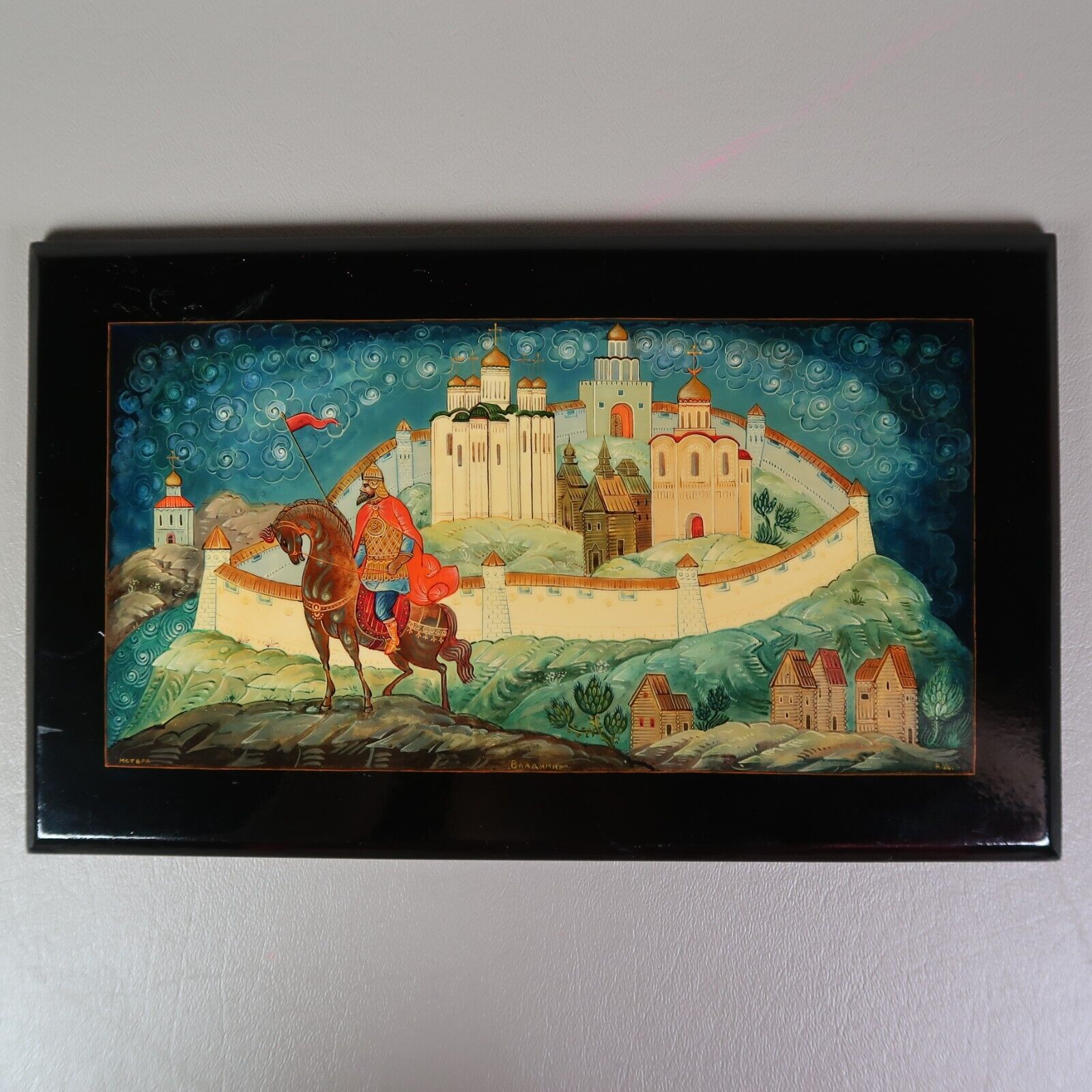 Vintage Russian Wooden Hand Painted Lacquer Panel PLAQUE Knight Kingdom Small