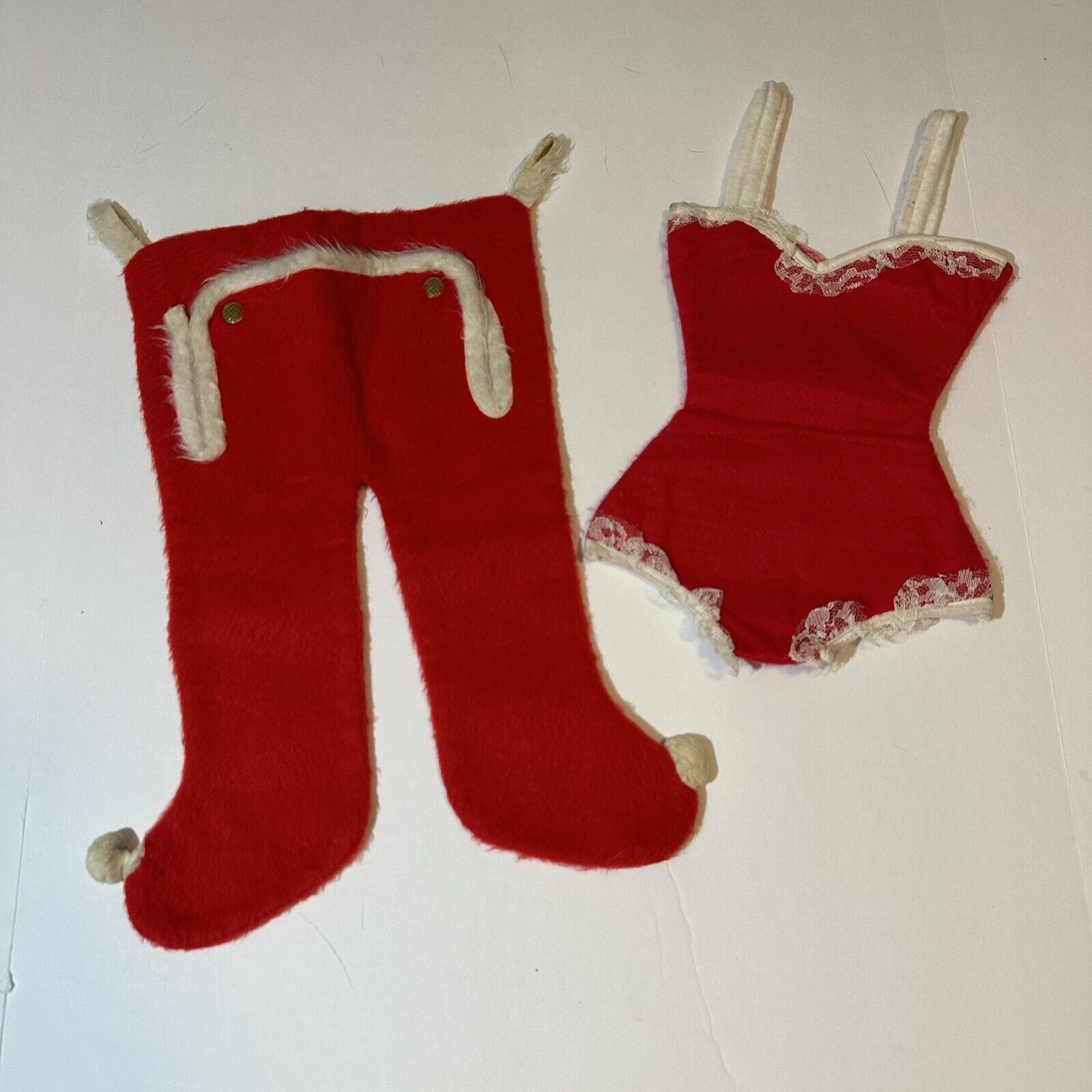 Vtg 60s Christmas Stockings Santa's Long Johns & Mrs. Claus Underwear Fuzzy