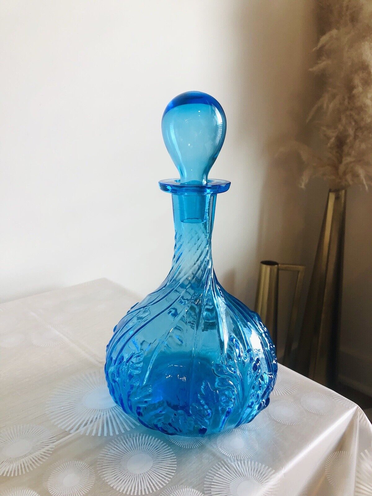 Vintage Imperial Glass Blue Acanthus Leaf Glass Decanter With Stopper Uranium