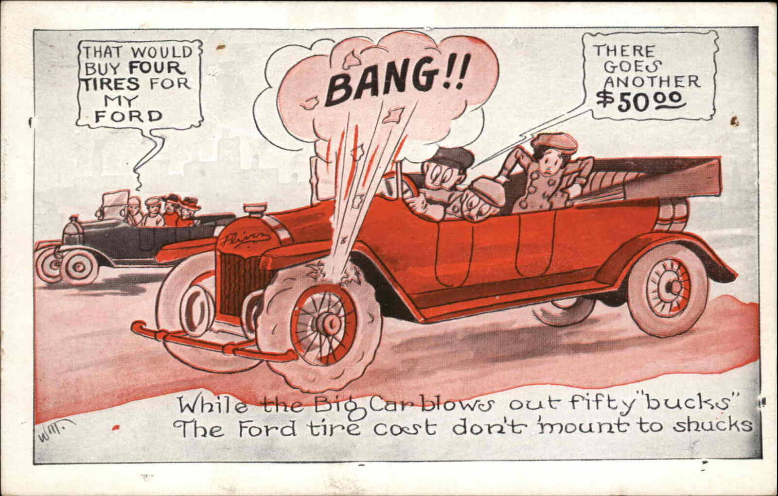 A/S Ford Comic Classic Car Blowing Tire Accident Vintage Postcard