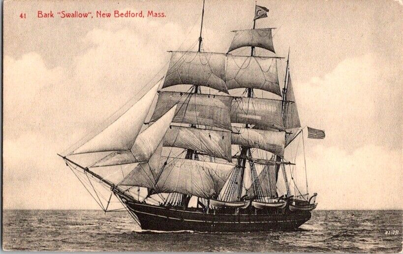 Vintage Postcard Sail Boat Bark Swallow New Bedford MA Massachusetts       G-286