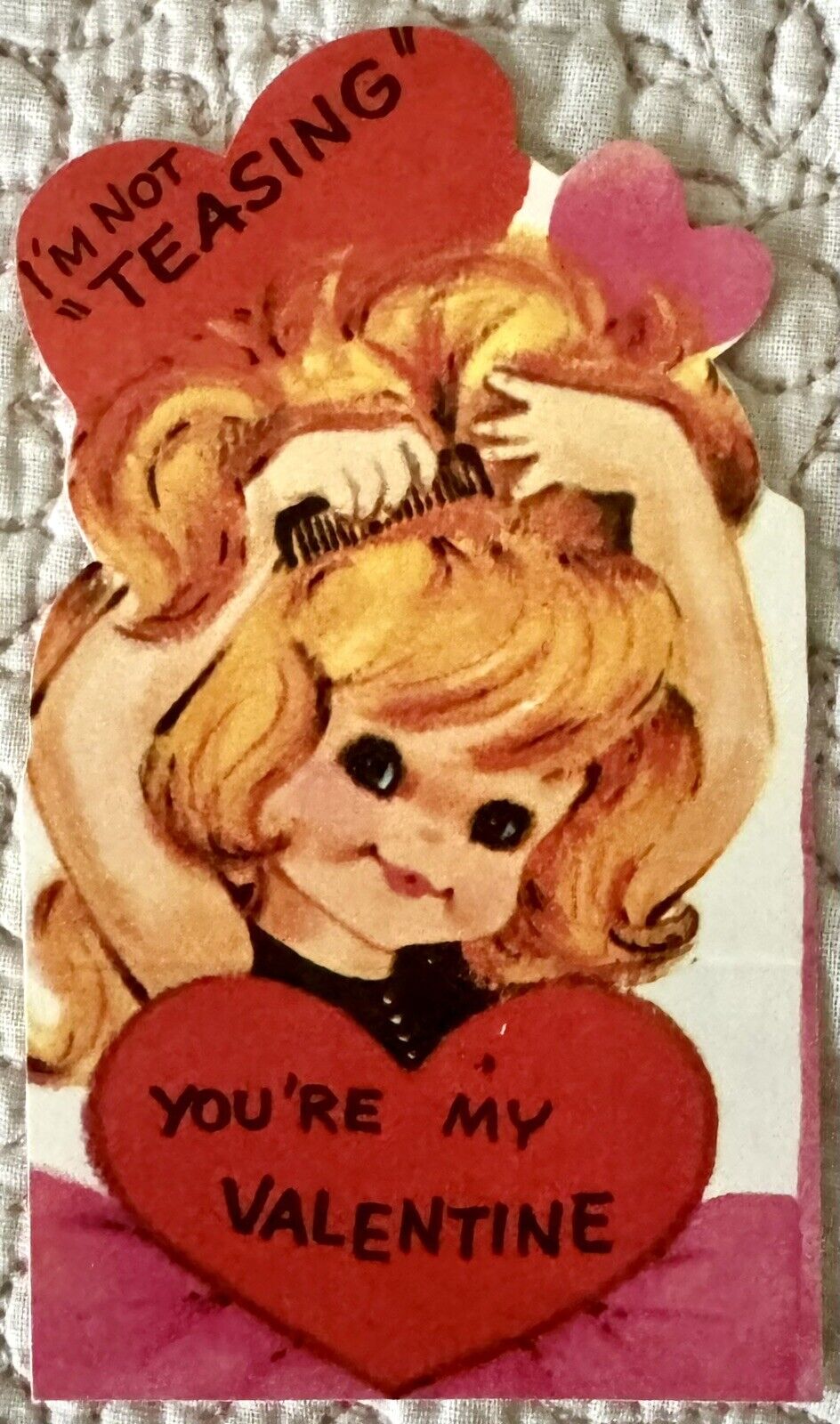 Unused Valentine Girl Tease Hair I’m Not Teasing Vtg Greeting Card 1950s 1960s