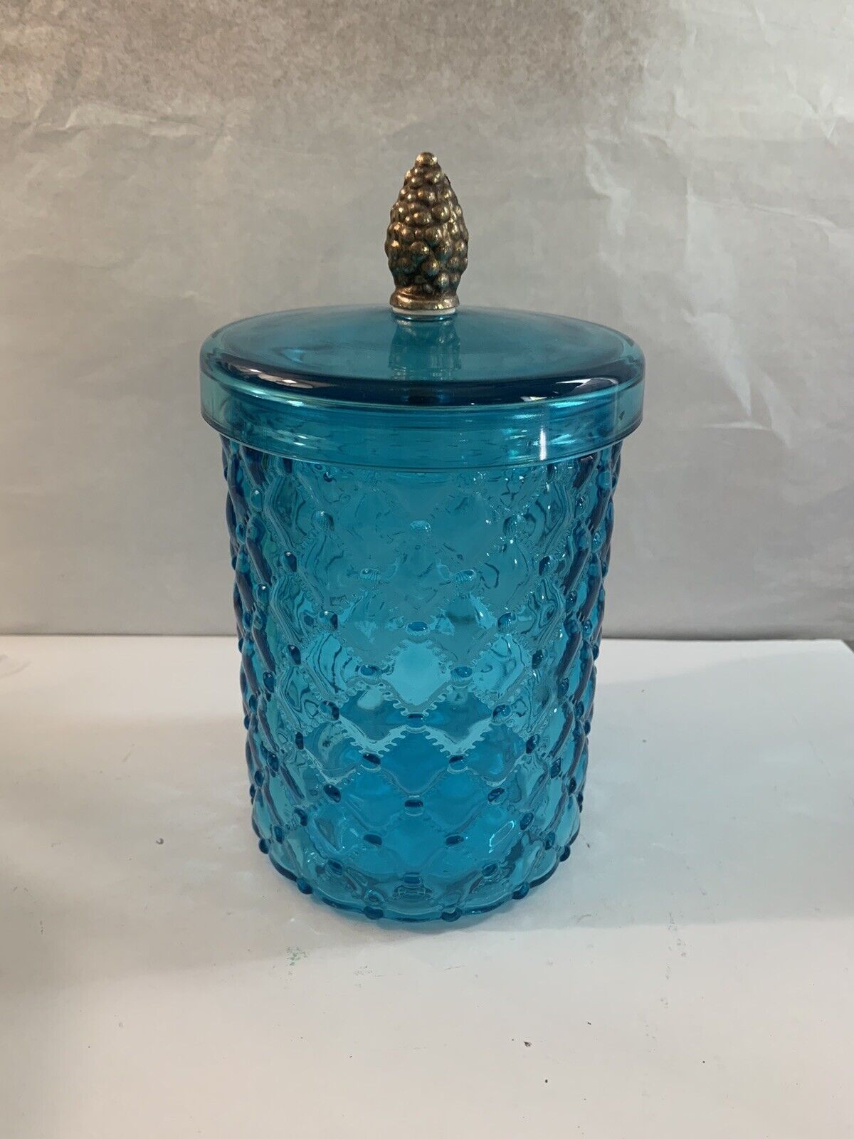 LE Smith Blue Beaded And Quilt Canister Apothecary Jar 8 Inches Tall