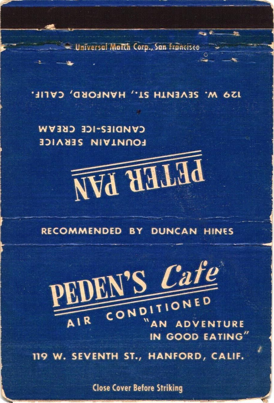 Peden\'s Cafe, Peter Pan Fountain Service, Hanford, Cali Vintage Matchbook Cover