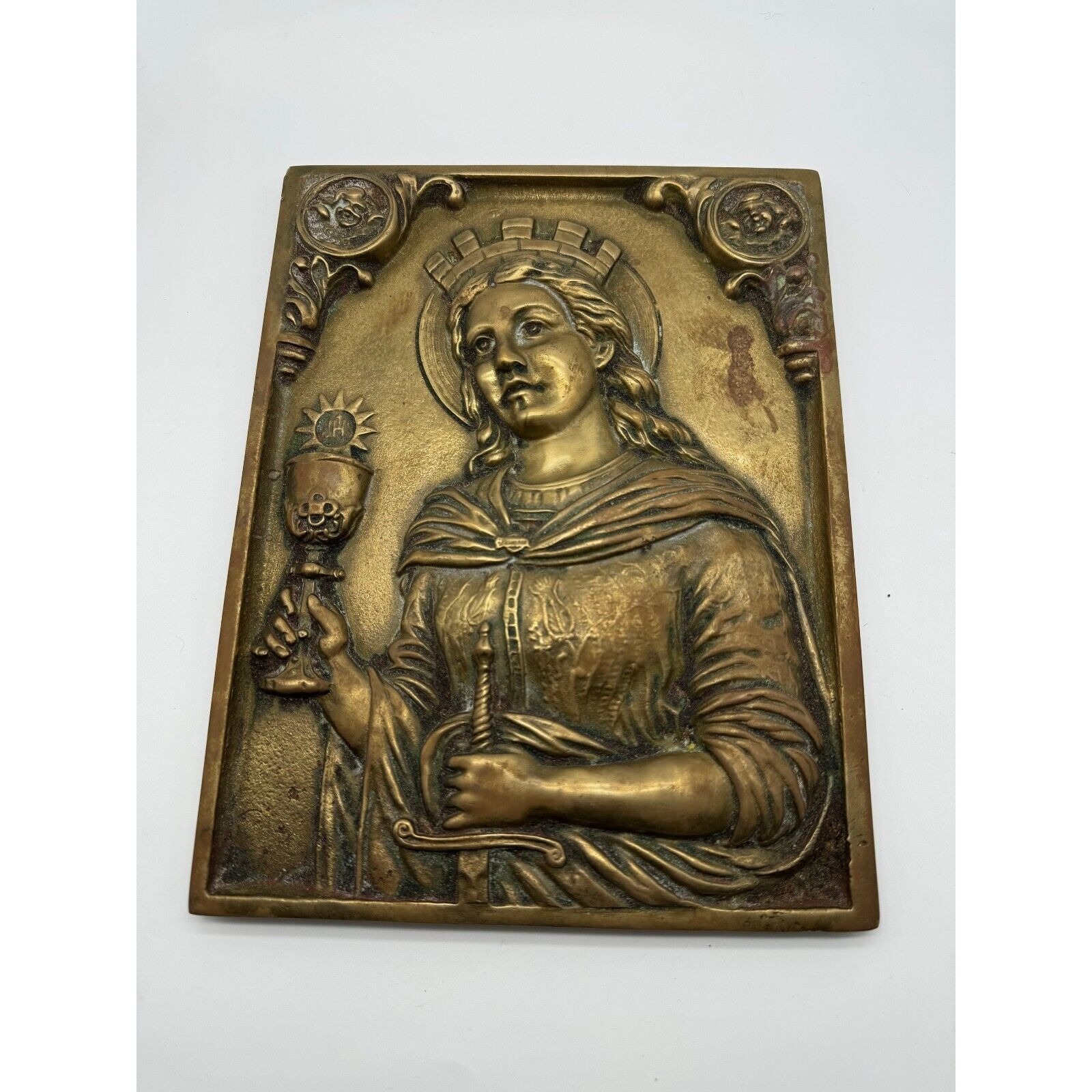 Antique Brass St Joan of Arch Tabernacle Door Gospel Book Cover