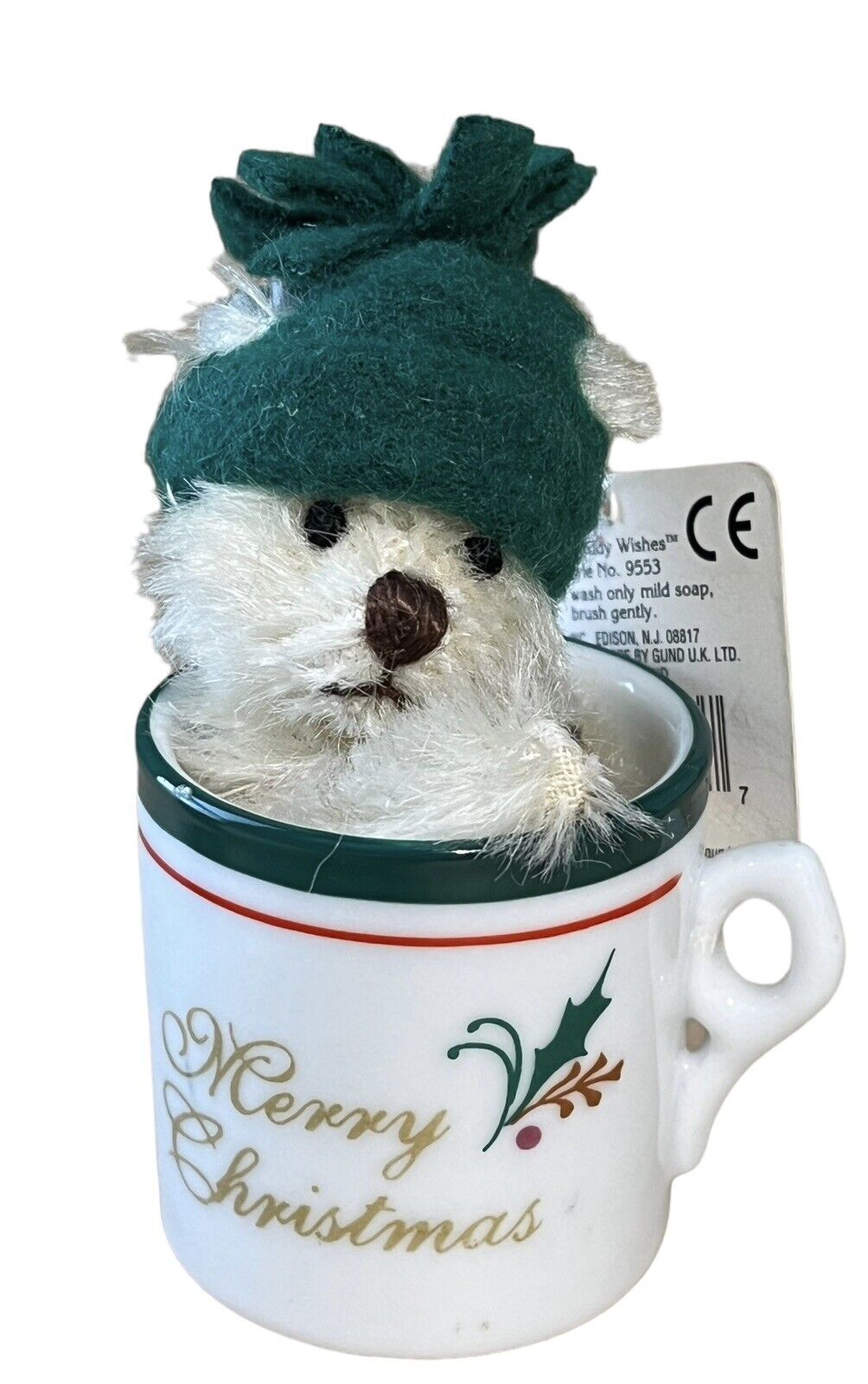 Tiny Teddy Wishes GUND Merry Christmas Mini Teddy Bear in a cup. Genuine Mohair.