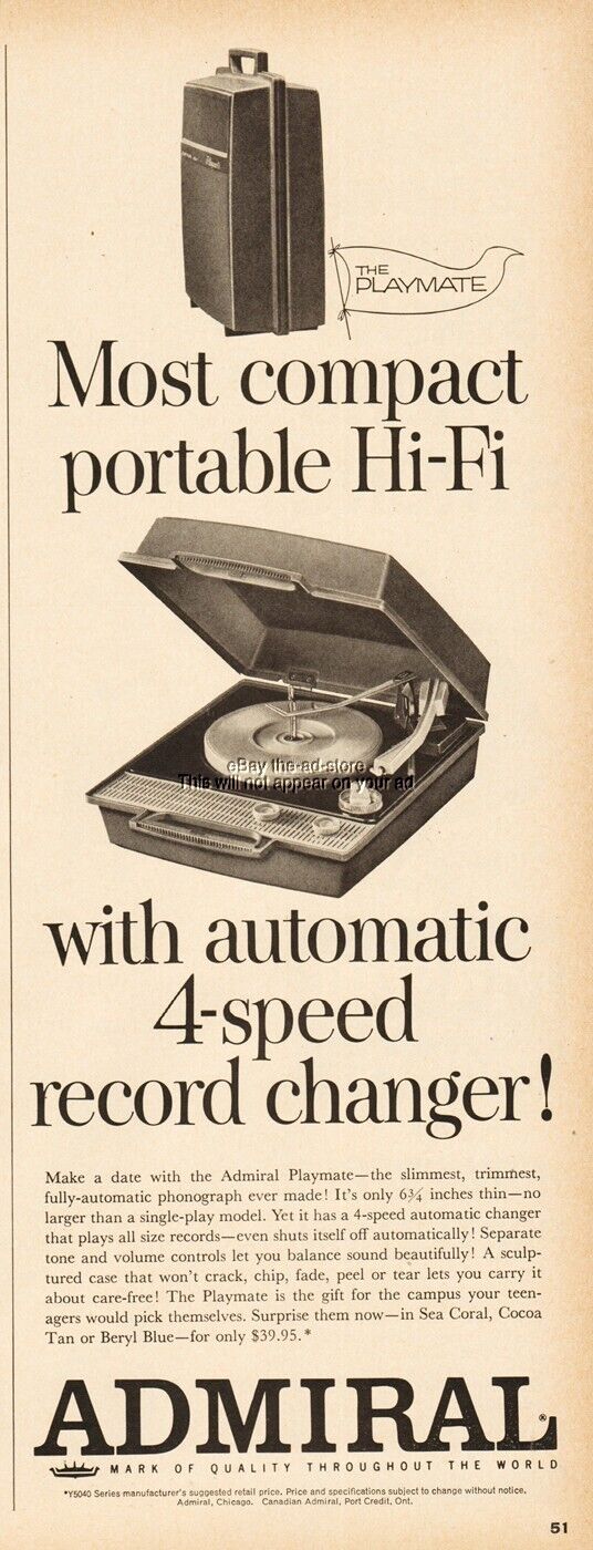 1963 Admiral Playmate Record Player Changer Compact Portable Hi Fi Print Ad