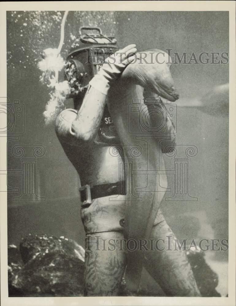1964 Press Photo Diver at Miami's Seaquarium playing with a moray eel