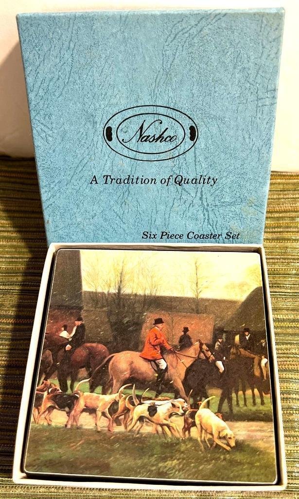 Vintage 6 English Fox Hunt Coasters Horses Riders w Dogs w Box by Nashco