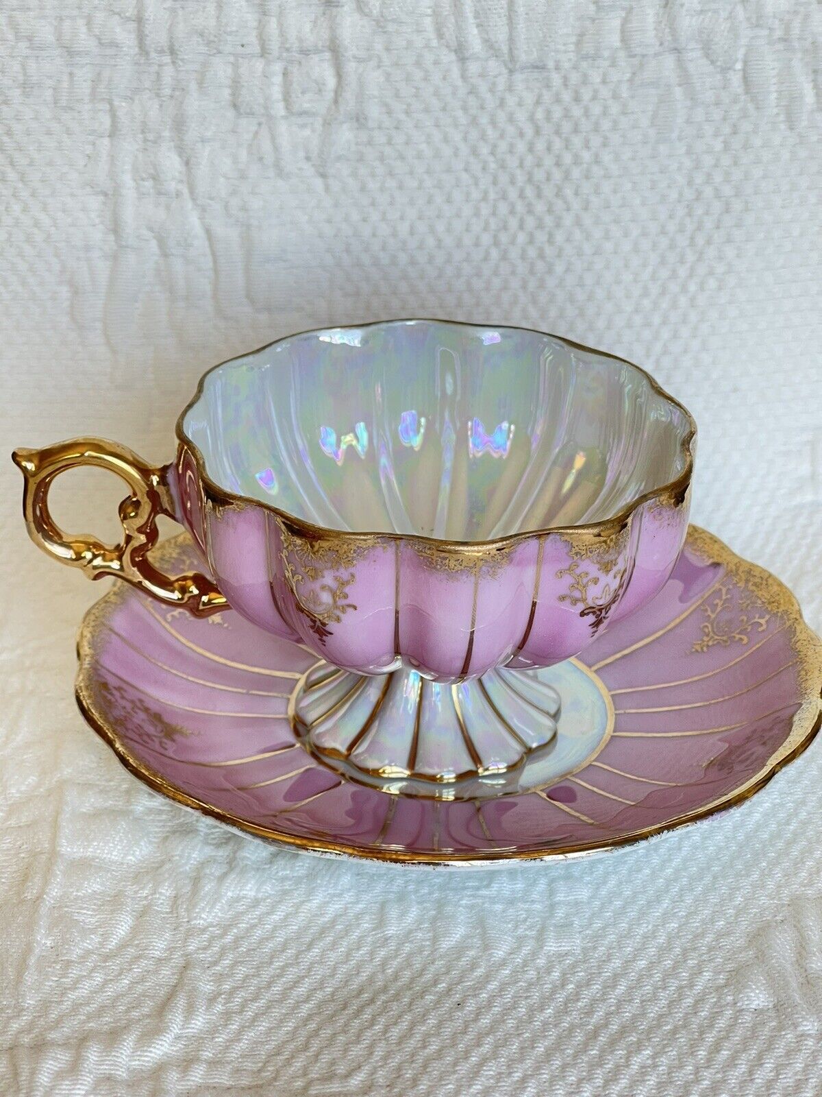 Vintage Royal Sealy China Gold Footed Pink Opalescent Tea Cup Saucer 1950s Japan