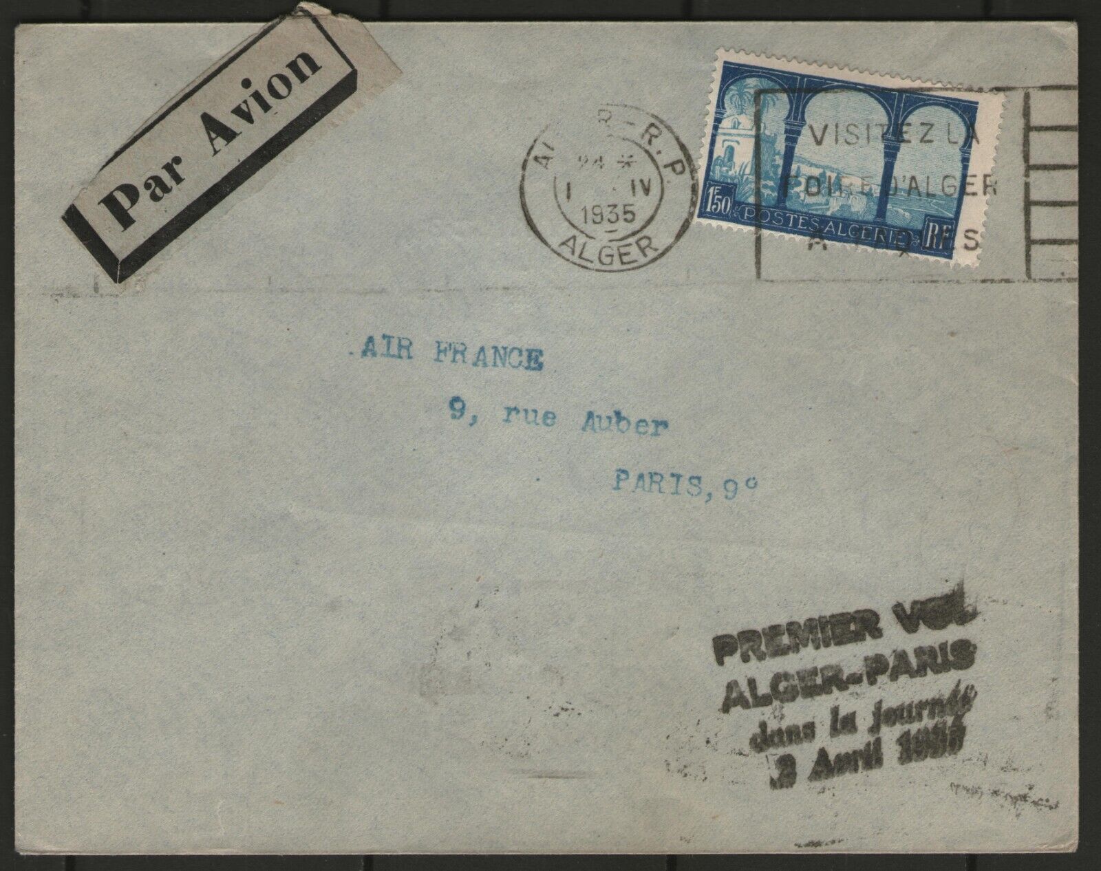 ALGERIA: n°83 on letter 1° flight ALGIERS-PARIS in the day (1935)