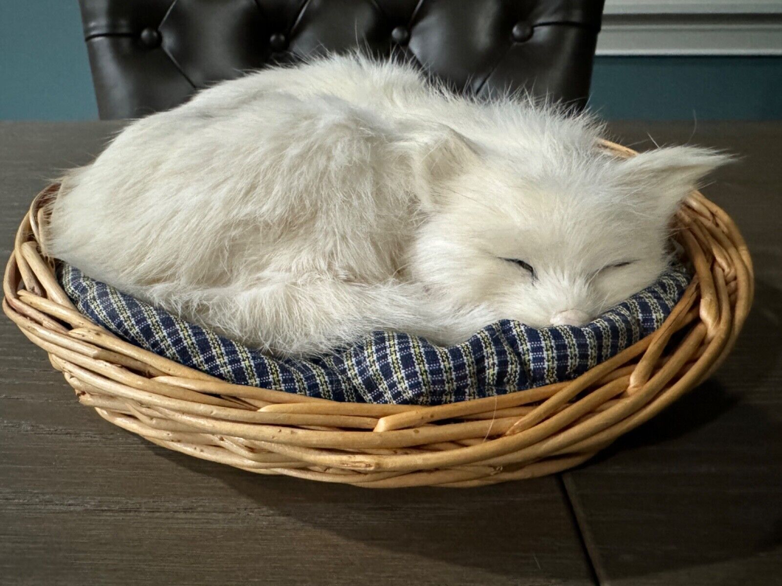 Realistic White Sleeping Cat in Basket Figurine Soft Real Feel Fur