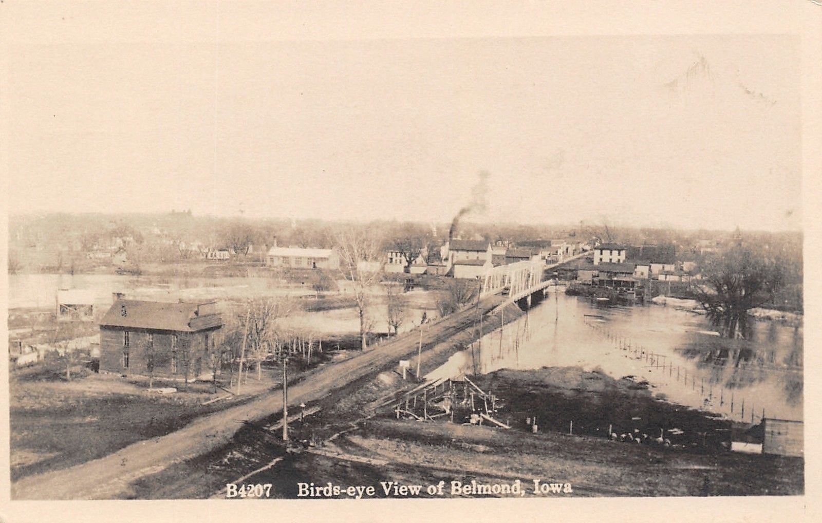 Belmond Iowa~Birdseye Panorama Across Iowa River Bridge~Homes~Skyline~1913 RPPC