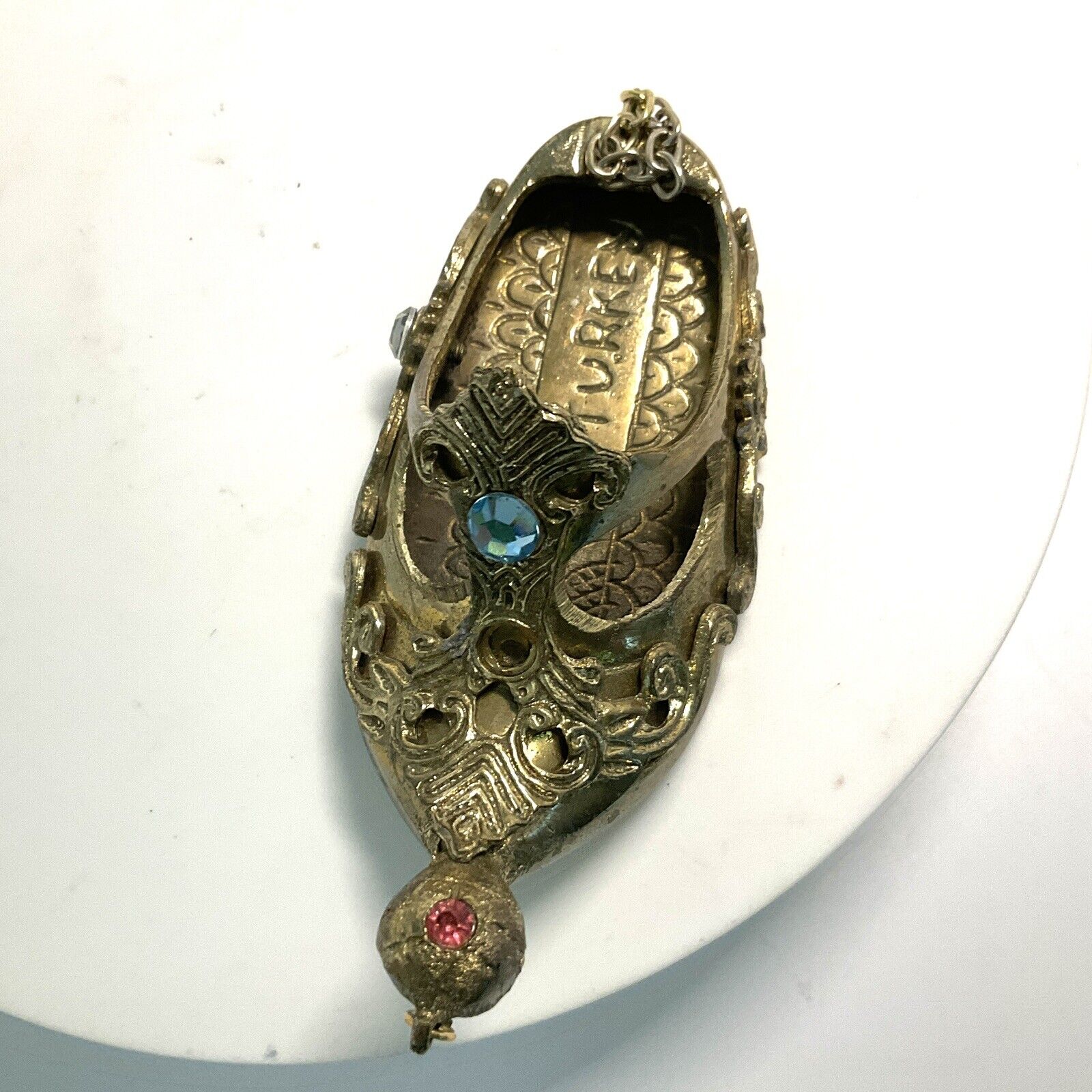 Vintage Small Brass Shoe Ashtray Turkish Slipper Cigarette Holder Missing Stones